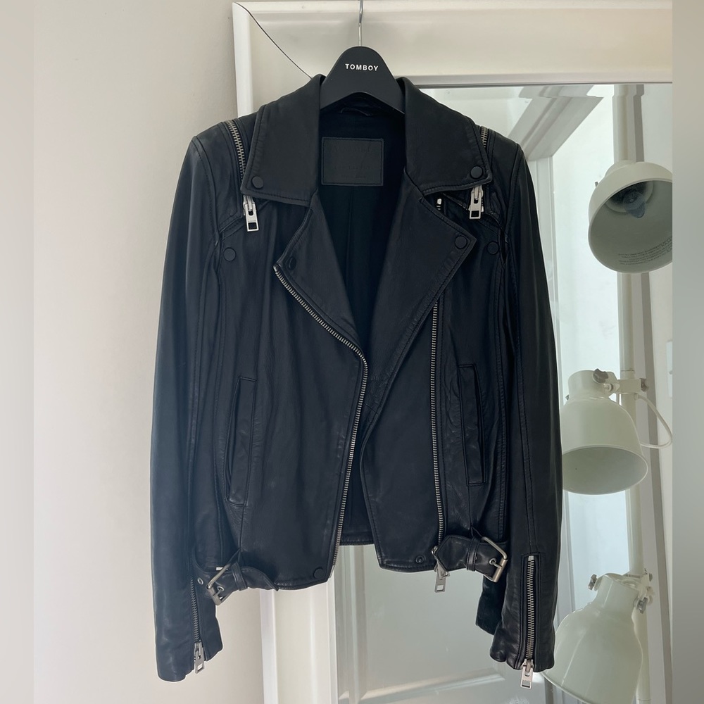 Allsaints black leather jacket Detachable sleeves.
